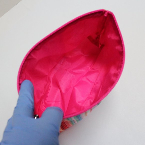 Clinique Makeup Accessory or Travel Bag - Vertical Stripes & Bright Pink Lining - Picture 4 of 13